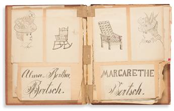(SKETCHBOOKS.) Alma Bertha Bertsch; and/or Marguerite Bertsch. Album of approximately 60 juvenile pen and ink drawings.